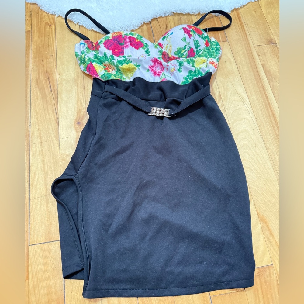 Floral Bustier Black Dress